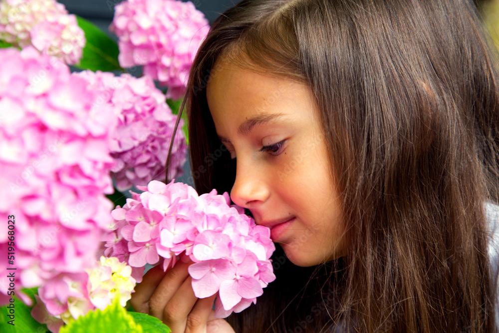Portrait of a little beautiful girl with a bouquet of hydrangeas in her hands. Child girl smells hydrangea flowers. The concept of childhood, happiness, carelessness and nature. Portrait of a little beautiful girl with a bouquet of hydrangeas in her hands. Child girl smells hydrangea flowers. The concept of childhood, happiness, carelessness and nature.