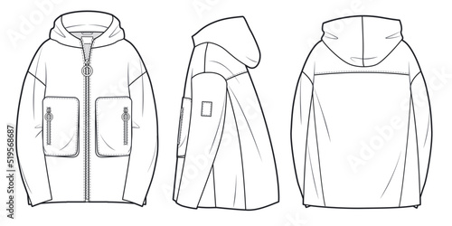 Zip-up Hooded Coat technical fashion illustration, oversized,  long sleeves, patch pockets. Unisex Jacket Coat template front, back, side views, white. Coat women men unisex  CAD mockup.