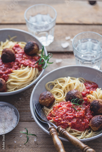 Spaghetti with tomatoe sauce and vegan tofu 'meatballs' photo