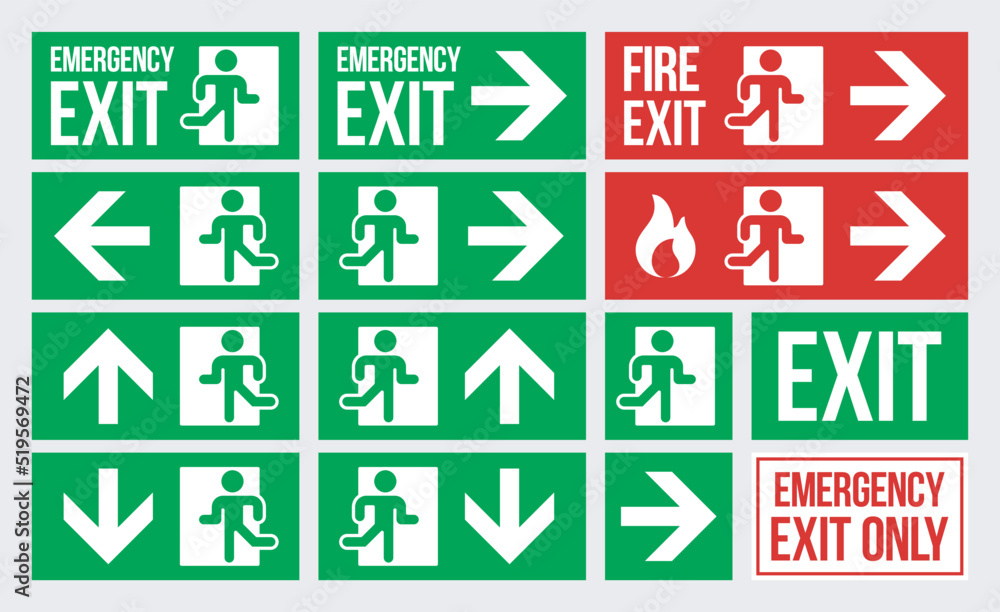 Emergency exit with direction arrow sign, green exit sign, red fire exit sign board. Set of