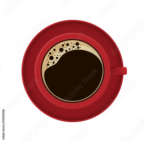 Cup of fresh morning coffee. Vector illustration of red coffee cup with saucer isolated on white background. Design concept, template, element for coffee shops, cafe poster, banner, menu, ad, flyer