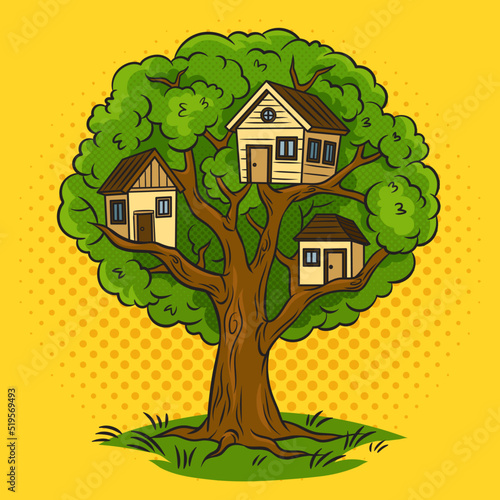 children tree houses pop art retro vector illustration. Comic book style imitation.