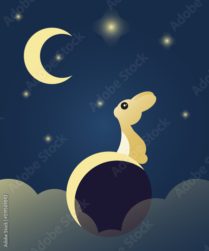 Yellow rabbit on the planet looking at the moon at night.