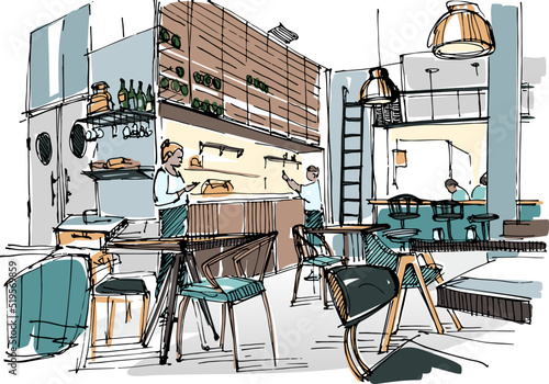 Wine bar interior - hand-drawn sketch