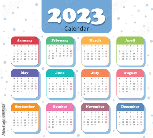 2023 year calendar, week starts on Monday