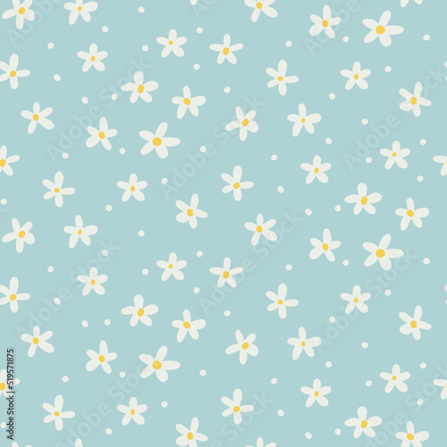 Daisy flower seamless pattern with whote daisy on light blue background. Flat hand drawn vector illustration. Cute floral print.