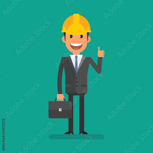 Businessman in hardhat holding briefcase and showing thumbs up