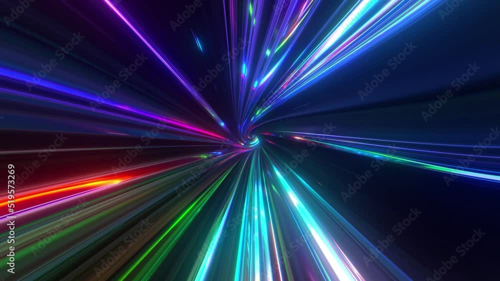 Abstract tunnel of a multicolor spectrum background. Bright rays of neon light and colorful glowing lines moving speed through the dark. 3d render