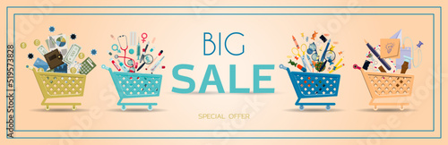 Advertising poster for black Friday, carts with goods for school, office, investment and medicine. Banner for discounts and sales. A poster with an inscription and a special offer of the store. Online