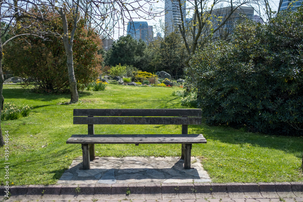 An empty bench in the city park on an spring day. grass, trees, cityscape background. An empty bench in the city park on an spring day. grass, trees, cityscape background.