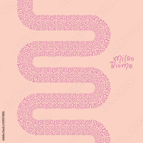Gut microbiome banner concept. Human intestine microbiota with healthy probiotic bacteria. Abstact guts with microflora pattern. Flat vector abstract medicine illustration of microbiology checkup.