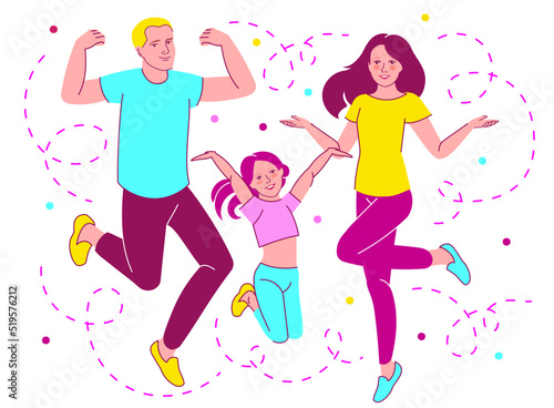 Cheerful vector portrait of excited attractive emotion jumping happy family: dad daddy mom mommy and kid. Vivid concept of spending spare free time, win, achievement, isolated over white background