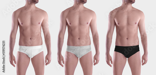 Template of white  black  heather tight brief on a sporty man  front view  isolated on background.
