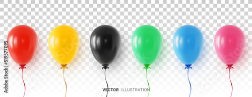 Set of colorful helium balloons with tied bows and colored ribbons. Realistic 3d vector illustration on transparent background