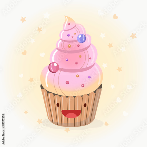 Cute cupcake vector icon illustration. Sticker cartoon logo. Food icon concept.  Flat cartoon style suitable for web landing page, banner, sticker, background. Kawaii cupcake.