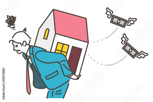 Mortgage payment concept. Man, house and money [Vector illustration].