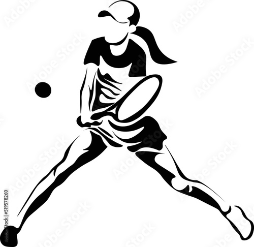 Black and White Cartoon Illustration Vector of a Female Tennis Player