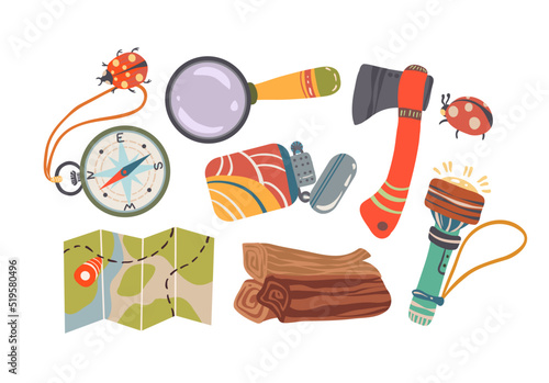 Vector illustration. Summer camp with map, compass, magnifying glass, lighter, lantern, ax. Postcards, stickers