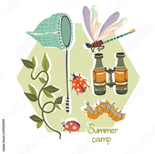 Vector illustration. Summer camp with telescopic Butterfly Net, binoculars. Different insects, caterpillar, ladybug, dragonfly. Postcards, stickers