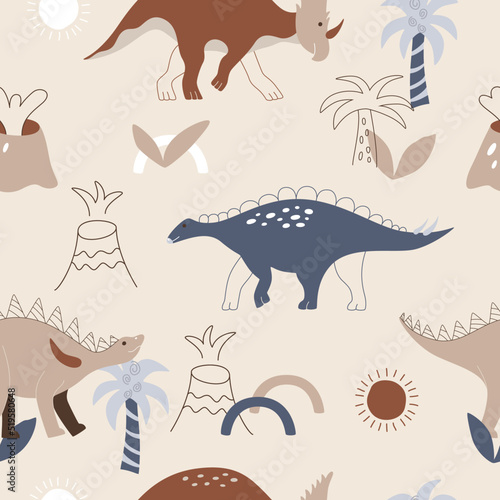 Childish print with hand drawn dinosaur Wuerhosaurus, Kentrosaurus, and Xenoceratops. Cute seamless pattern for wallpaper photo