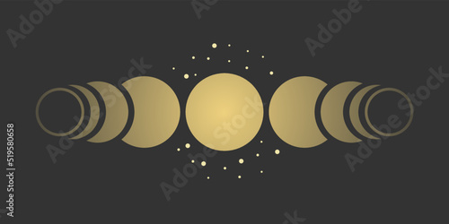 Yellow golden moon different phases of lunar phases with stars on black background boho flat vector icon design.