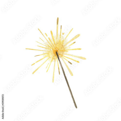 Sparkler. Watercolor illustration. Isolated object on a white background. Hand-drawn illustration.