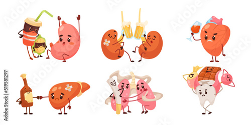 Comic human organs with bad habits vector illustrations set. Internal organs cartoon characters smoking cigarettes, drinking alcohol, eating unhealthy food. Lifestyle, health, addiction concept