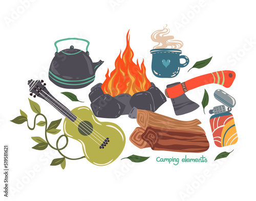 Vector illustration. Summer camp with bonfire, guitar, teapot, mug, axe, lighter. Postcards, stickers
