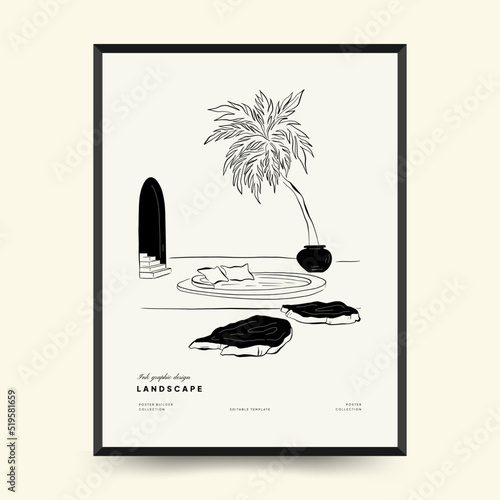 Abstract landscape interior contemporary minimal aesthetic. Hand drawn linear illustrations for wall decoration, postcards or brochures, cover design, stories, social media, app design.