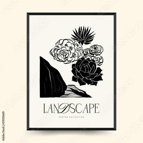 Abstract landscape interior contemporary minimal aesthetic. Hand drawn linear illustrations for wall decoration, postcards or brochures, cover design, stories, social media, app design.