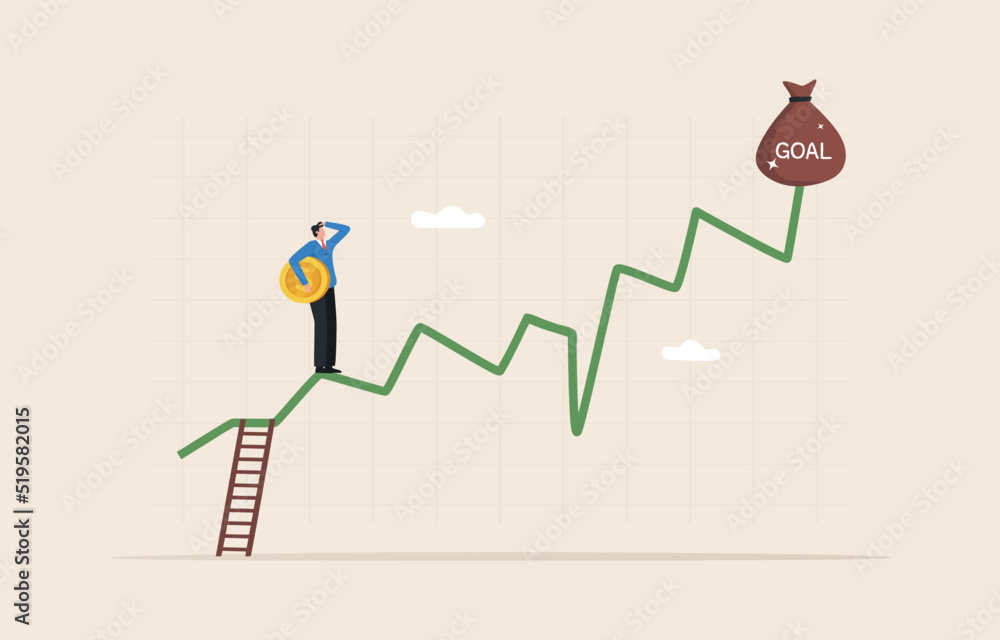 long term profit. Stock market investment strategy goals. DCA, Dollar Cost  Averaging. .asset price soaring or rising up. Businessman or investor  stands on an upward arrow chart to make a profit. vector