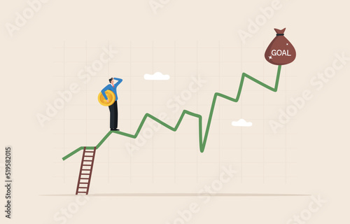 long term profit. Stock market investment strategy goals. DCA, Dollar Cost Averaging.  .asset price soaring or rising up. Businessman or investor stands on an upward arrow chart to make a profit.