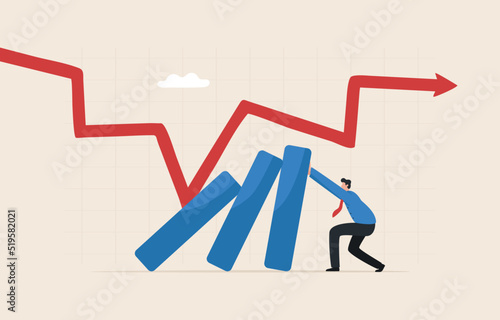 Dealing investment risks.  Stock market crash. .Economic recession from high inflation. .lost capital. Businessman trying to prevent the bar chart from falling down.