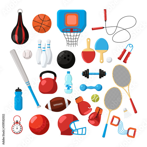 Different sport equipment cartoon illustration set. Tennis rackets, basketball ball, bouncer, dumbbells, boxing gloves, skittles. Fitness, tools for physical activity, gym concept