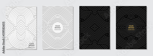 Set of original ethnic covers, vertical templates. Collection of relief backgrounds with 3d pattern of lines and stripes, geometric texture. Tribal traditions of the East, Asia, India, Mexico, Aztecs,