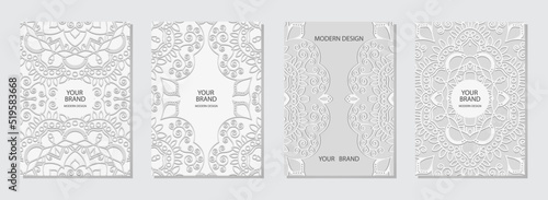 Set of ethnic covers, vertical templates. Collection of embossed white backgrounds with lacy floral 3d pattern, space for text. Tribal traditions of the East, Asia, India, Mexico, Aztecs, Peru.