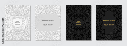 Set of ethnic covers, vertical templates. Collection of relief backgrounds with 3d geometric pattern, handmade texture. Tribal traditions of the East, Asia, India, Mexico, Aztecs, Peru.