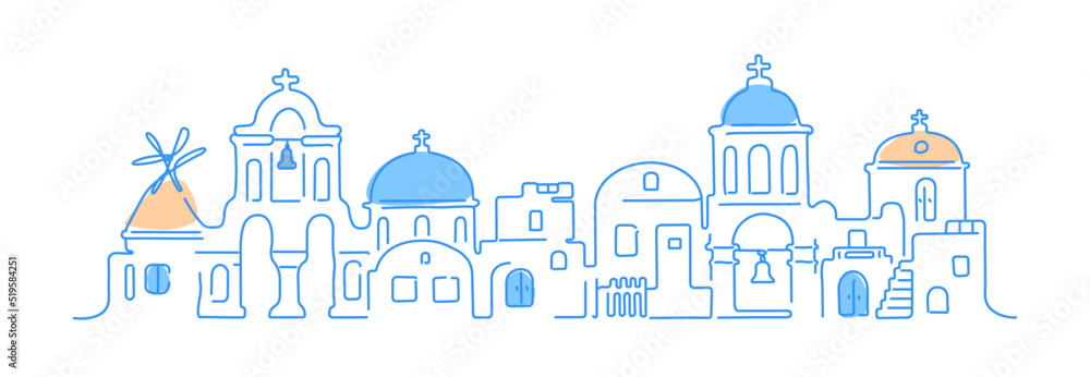 Naklejka premium Santorini island, Greece. Traditional white architecture and Greek Orthodox churches with blue domes and a windmill. Vector linear illustration.