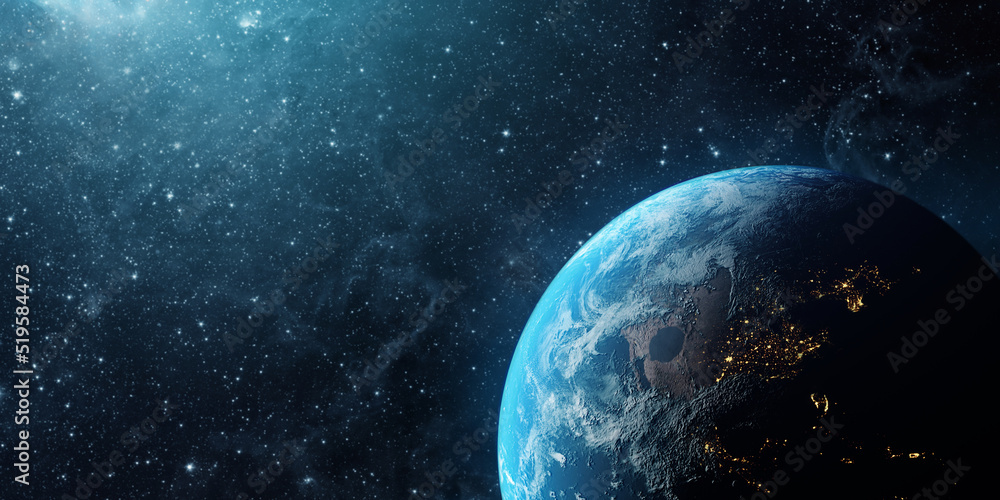Obraz premium Panoramic view of the Earth, sun, star and galaxy. Sunrise over planet Earth, view from space. Elements of this image furnished by NASA