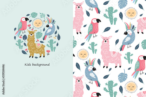 Funny cartoon alpaca, parrots, sun and tropical leaves. Children's print.