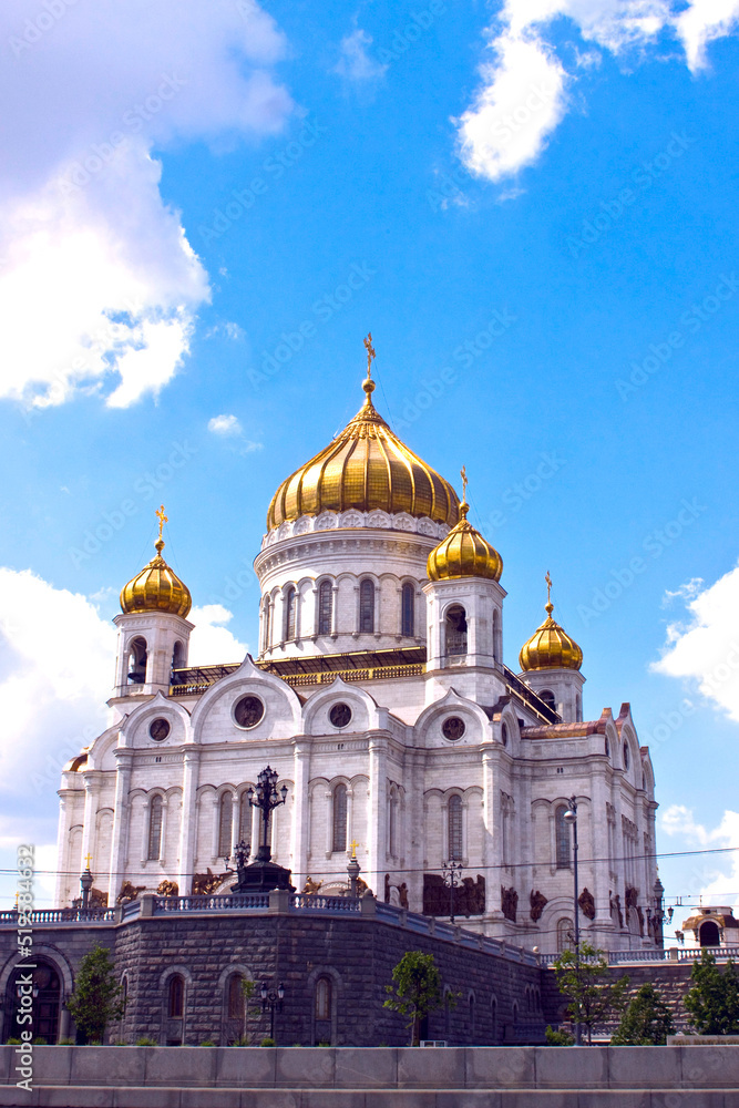 Cathedral of the Russian Orthodox Church. Cathedral of Christ the Savior, Moscow. The largest Orthodox church in Russia. View from the Moscow River. Sights of Moscow