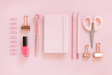 Hardcover notebook and Pink school girly accessories on pastel pink, Top view, mockup