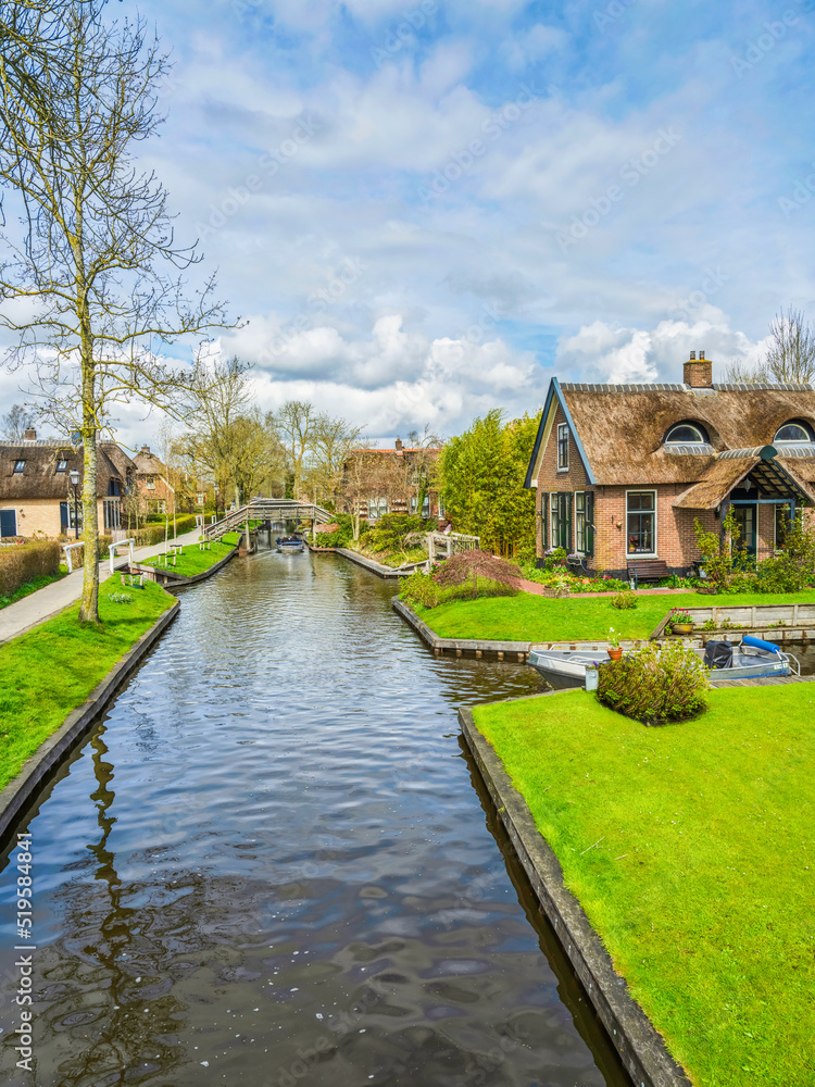 Beautiful houses and canals in Giethoorn village, Netherlands