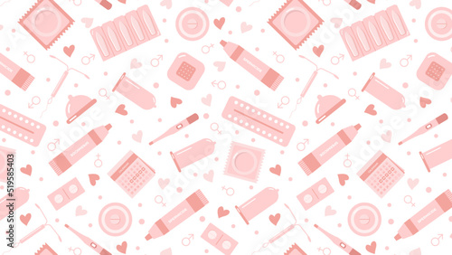 Seamless pattern, banner on horizontal background with birth control methods. Contraceptives in soft pink tones. Vector flat-panel illustration