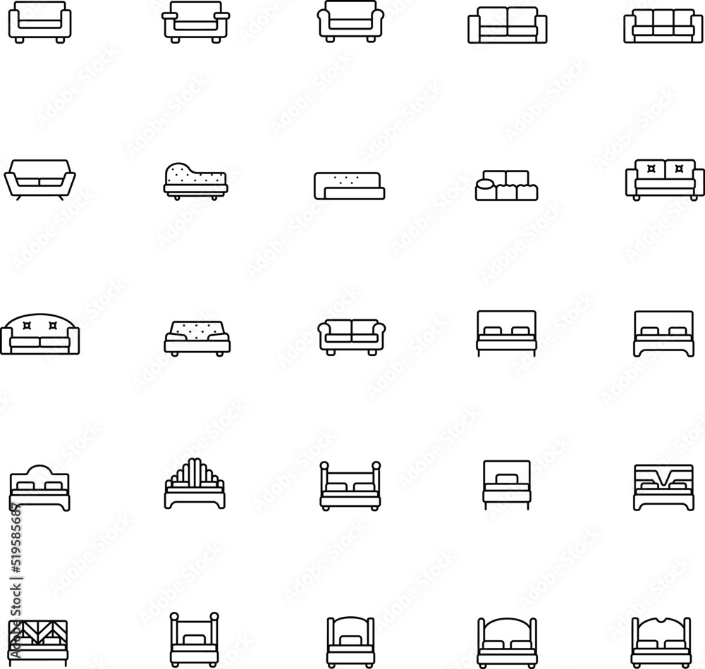 Bed and sofas icons. Furniture outline icon Bed and sofas icons. Furniture outline icon