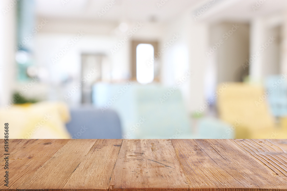 Wooden empty table in front of Living room interior. For product display and presentation Wooden empty table in front of Living room interior. For product display and presentation