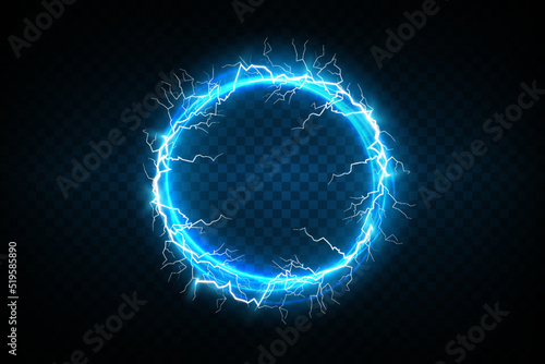 Ball lightning on a transparent dark blue background. Vector illustration, abstract electric lightning strike in the dark blue sky. Light flash, thunder, spark.