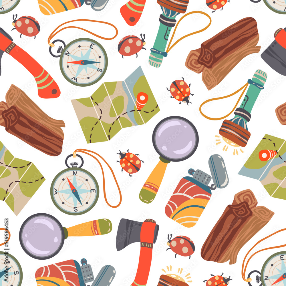 Vector illustration. Summer camp with map, compass, magnifying glass, lighter, lantern, ax. Pattern. Light background, wallpaper, cartoon style