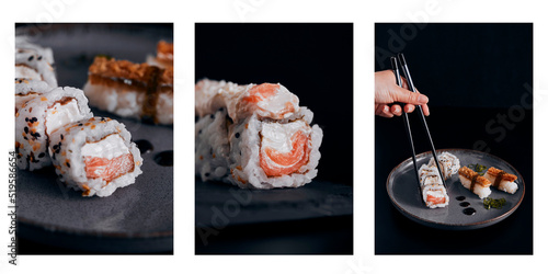 Set with tree images of sushi on black background. Sushi menu. Japanese sushi set.