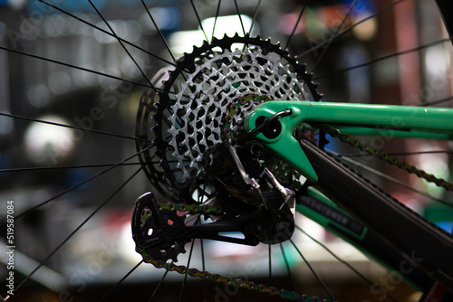 Closeup of a bicycle gears mechanism and chain on the star wheel of mountain bike. Rear wheel cassette from bike. Close up detailed view.